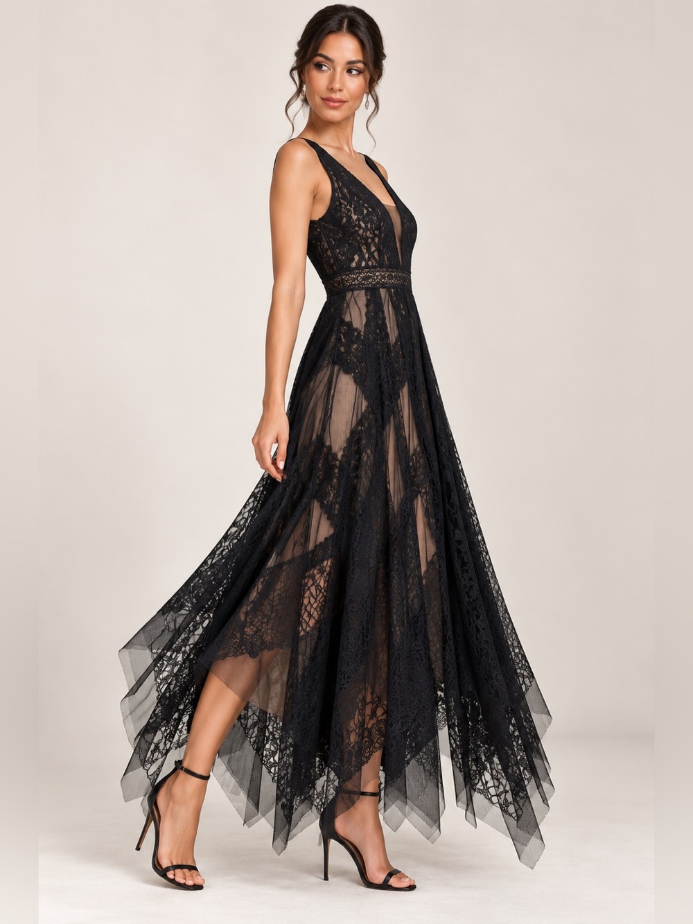 NWT BCBGMAXAZRIA Andi Black Nude Lace Asymmetrical Gown Size 2 - Picture 3 of 16